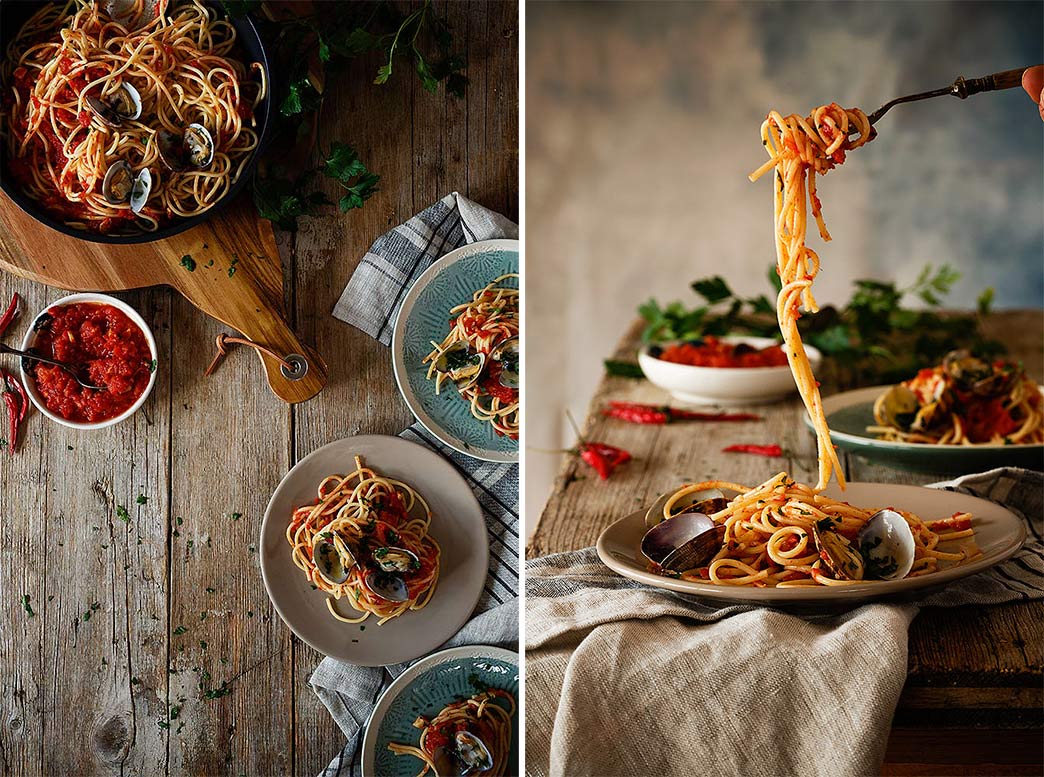 espaguetis vongole con salsa arrabiata